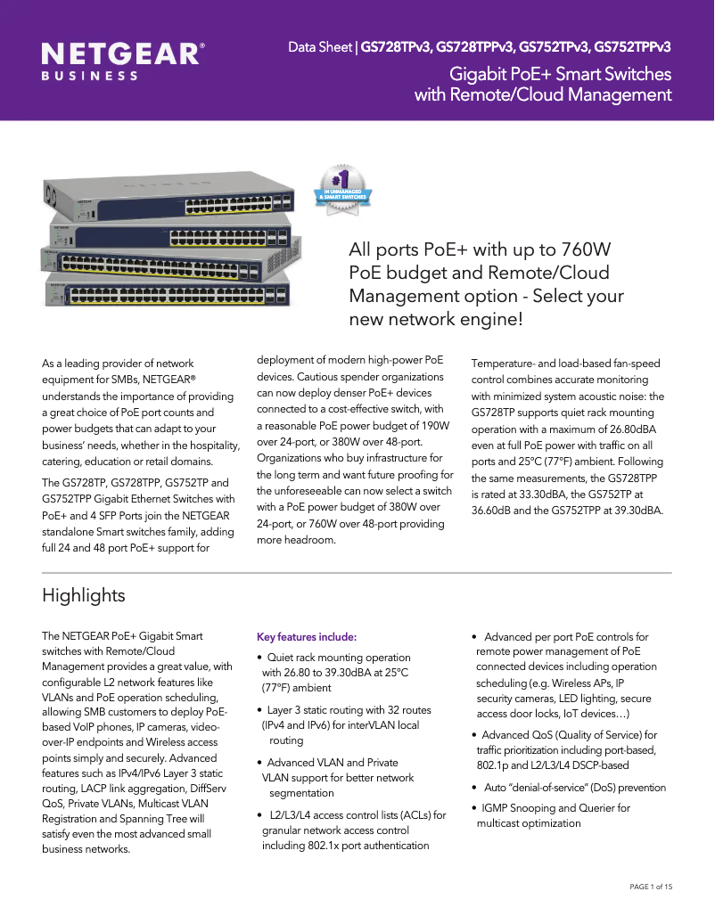 Page n°1 - Fiche technique Netgear GS728TPPv3