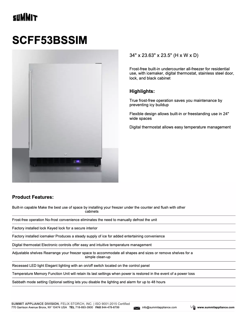 Page 1 de la notice Fiche technique Summit SCFF53BSSIM