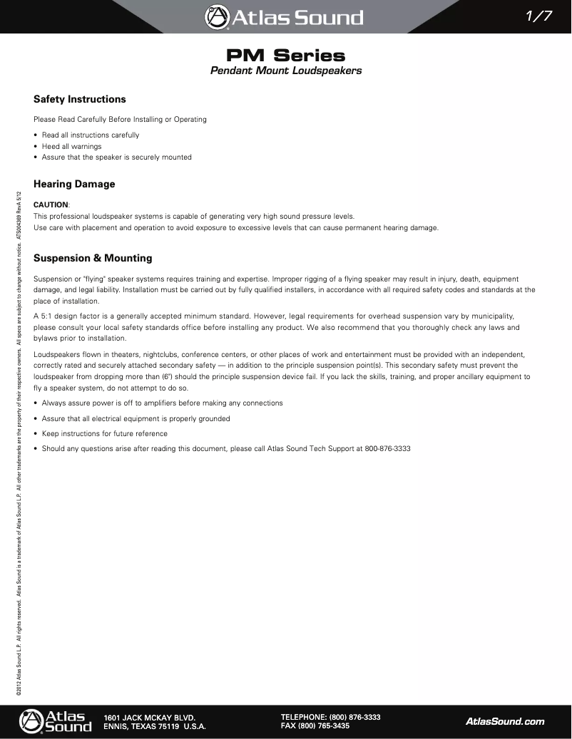 Page 1 de la notice Mode d'emploi Atlas Sound PM4FA-B