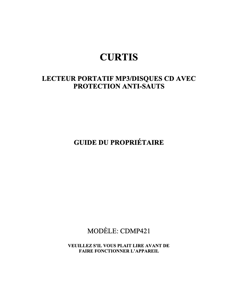 Page 1 de la notice Manuel utilisateur Curtis CDMP421