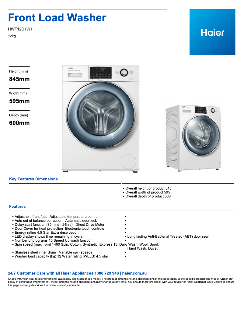 Page 1 de la notice Fiche technique Haier HWF12D1W1