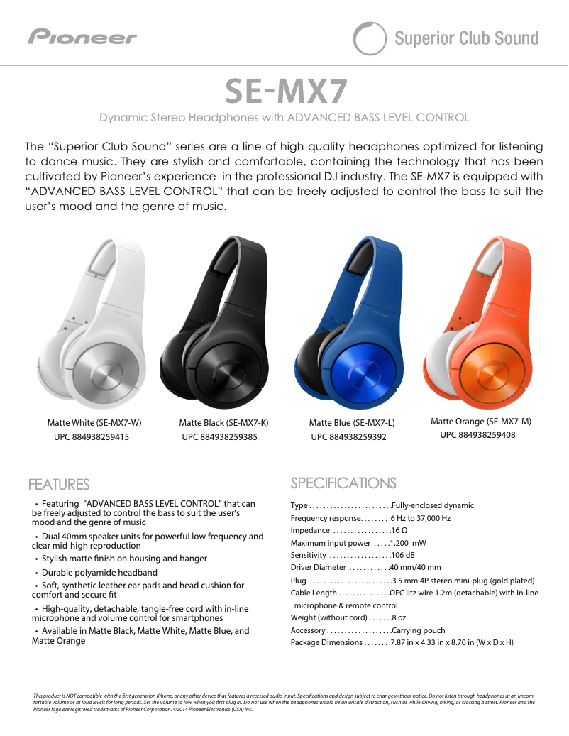 Page 1 de la notice Manuel utilisateur Pioneer SE-MX7