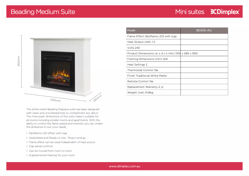 Page 1 de la notice Fiche technique Dimplex Beading BDG15-AU