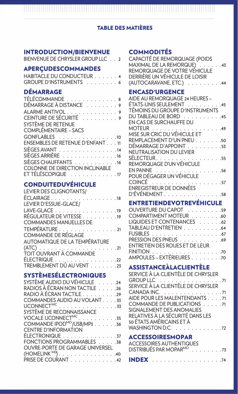 Page 1 de la notice Manuel utilisateur Chrysler 200 (2011)