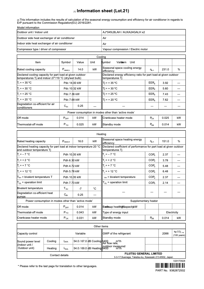 Page 1 de la notice Fiche technique Fujitsu Airstage AJY045LBLAH