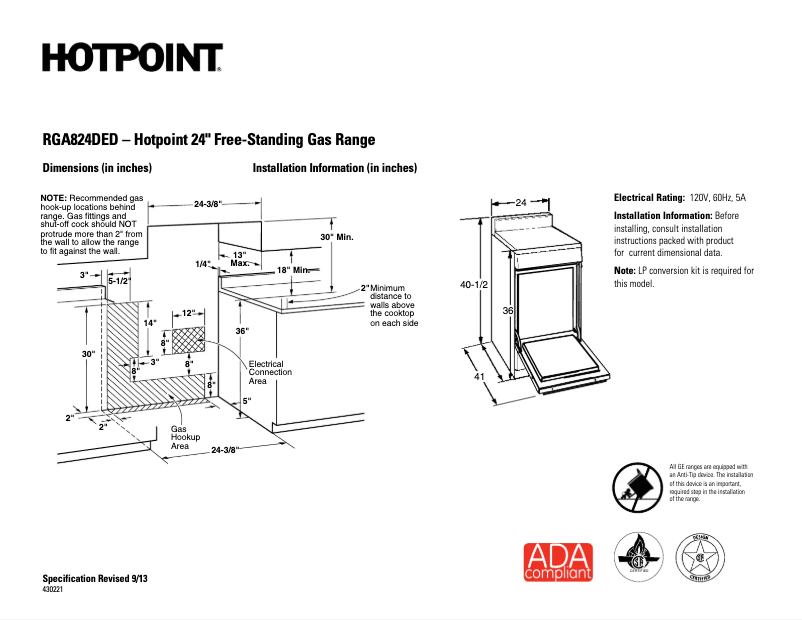 Page 1 de la notice Fiche technique Hotpoint RGA824DEDWW