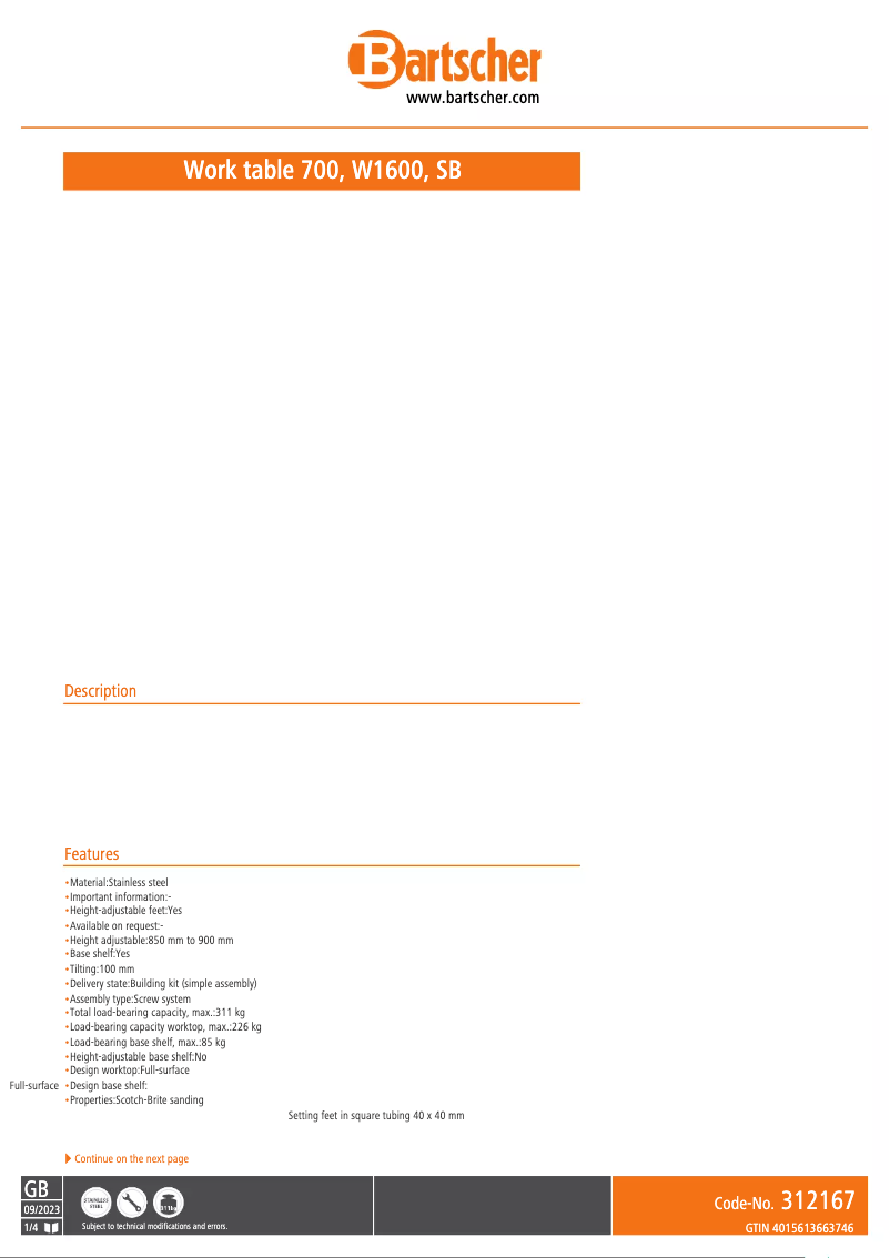 Page n°1 - Fiche technique Bartscher 348167