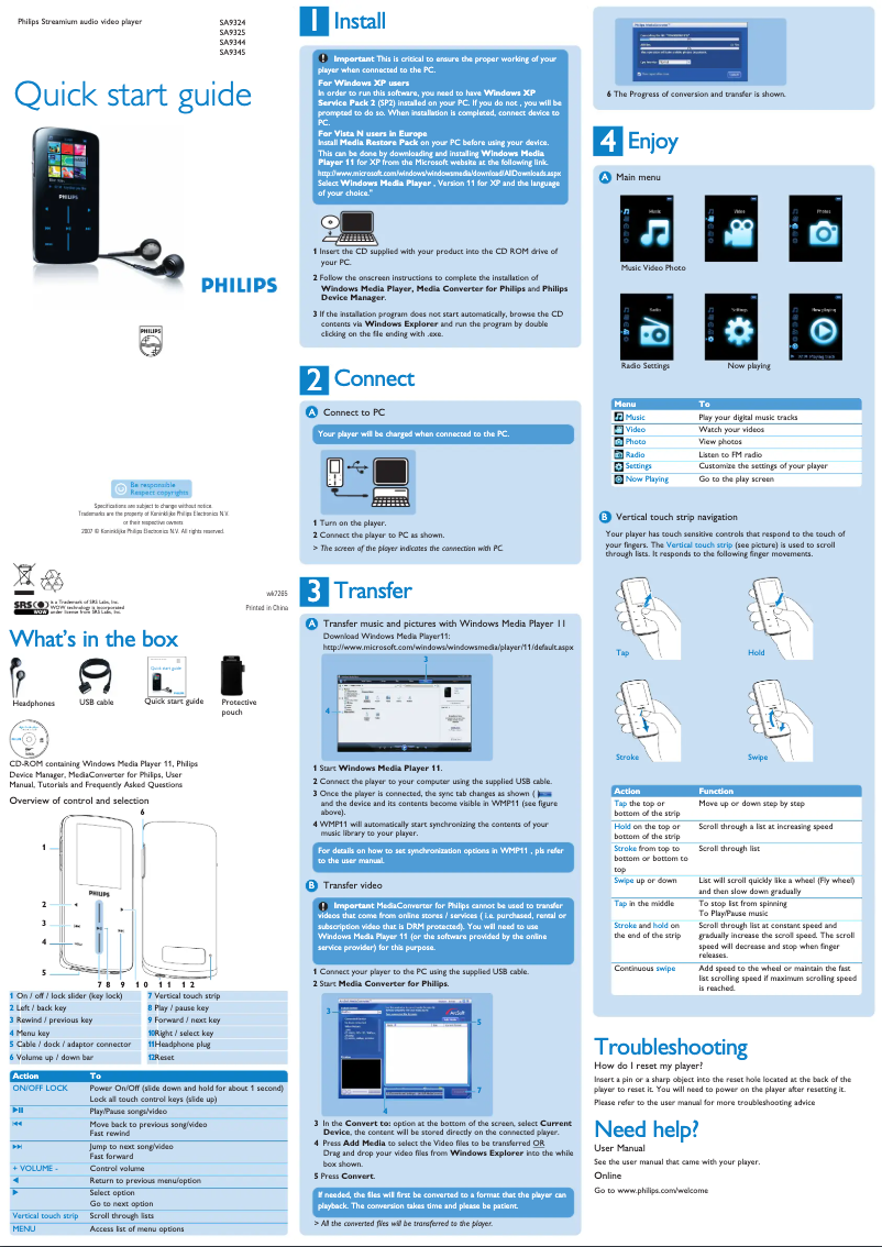 Page 1 de la notice Guide de démarrage rapide Philips Streamium SA9324
