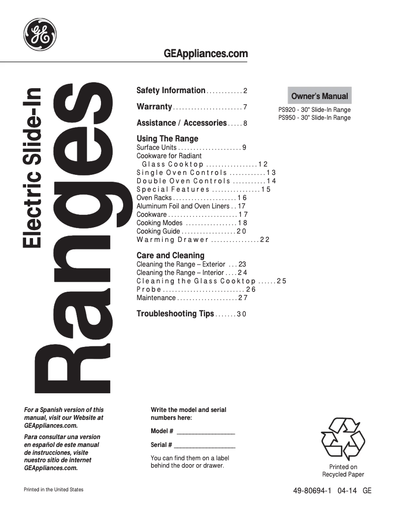 Page n°1 - Mode d'emploi GE PS950SFSS Profile