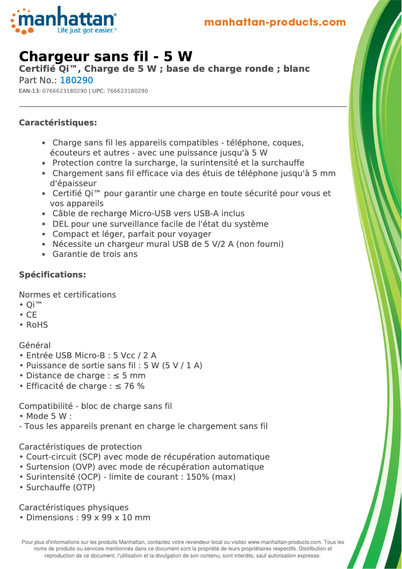 Page 1 de la notice Fiche technique Manhattan 180290