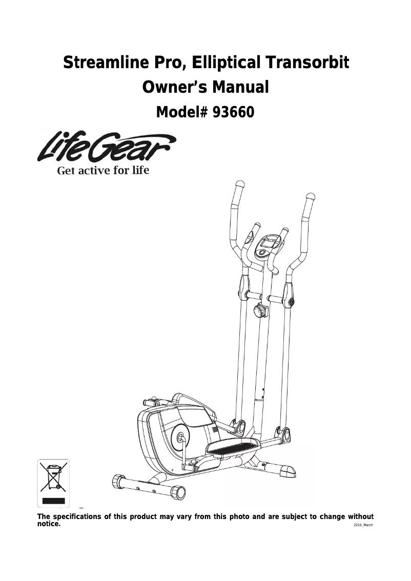 Page n°1 - Manuel utilisateur Life Gear Streamline Pro Elliptical Transorbit 93660