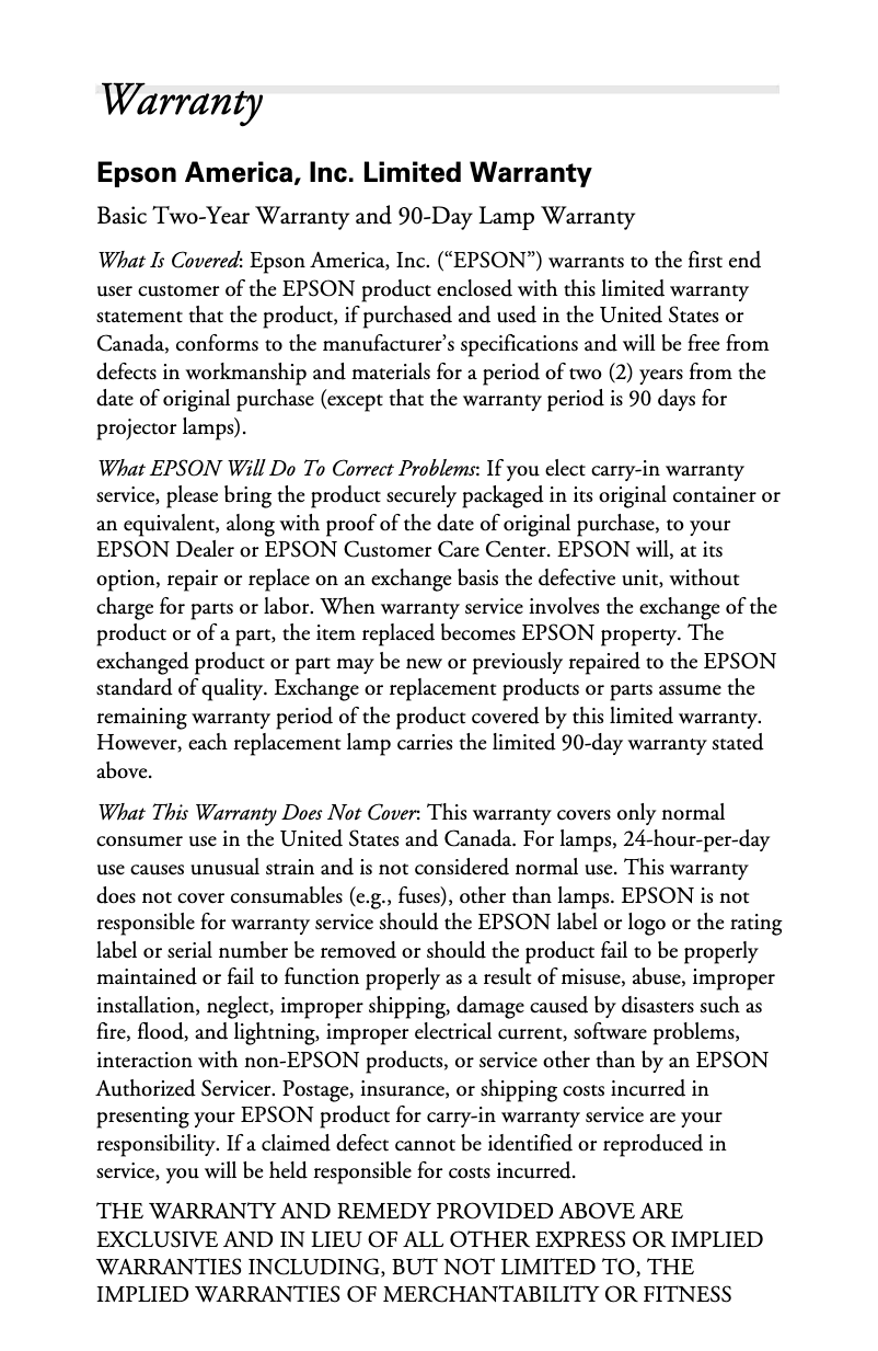 Página 1 del manual Información de garantía Epson PowerLite 8300NL