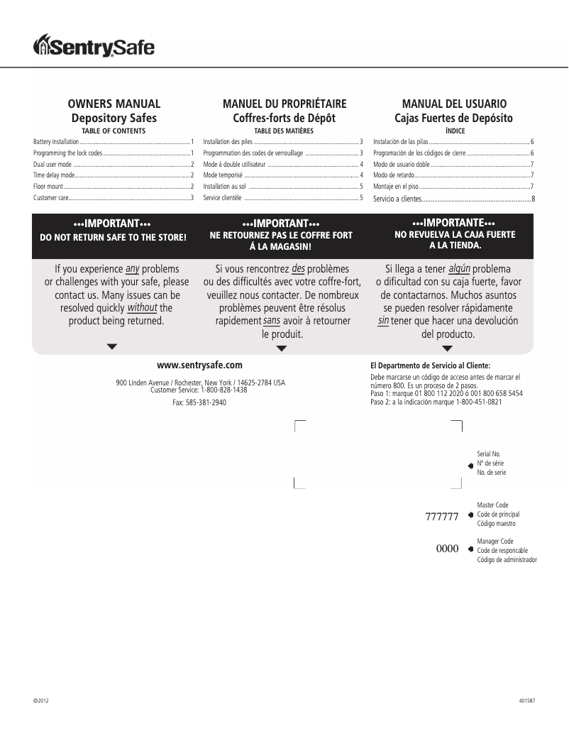 Page n°1 - Manuel utilisateur Sentry Depository Safe DH-134E