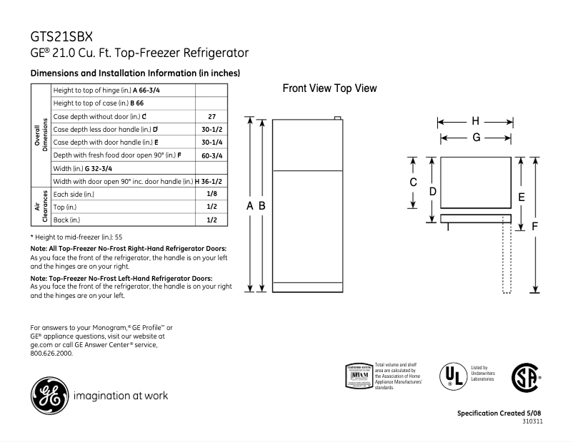 Page 1 de la notice Fiche technique GE GTS21SBXSS