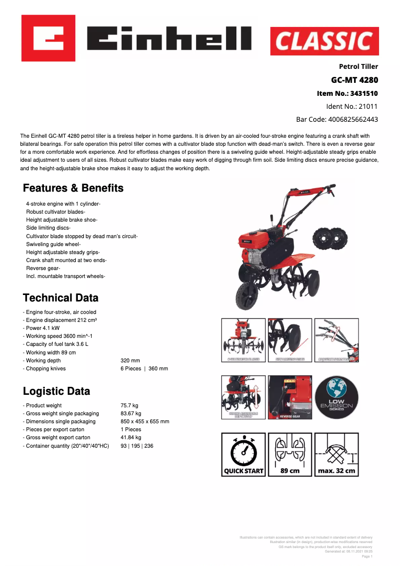 Page 1 de la notice Fiche technique Einhell GC-MT 4280