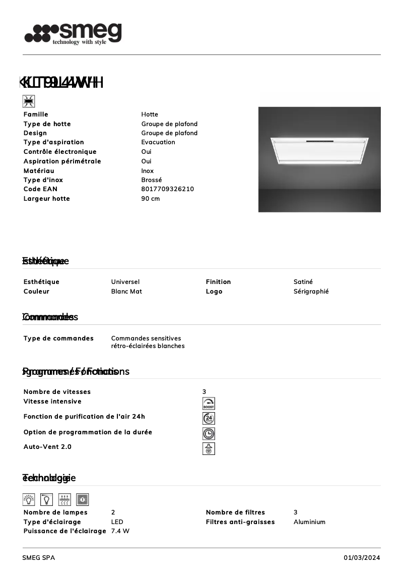 Page 1 de la notice Fiche technique Smeg KLT9L4WH