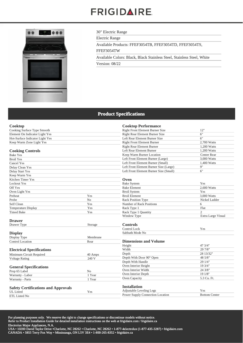 Página 1 del manual Ficha técnica Frigidaire FFEF3054TD