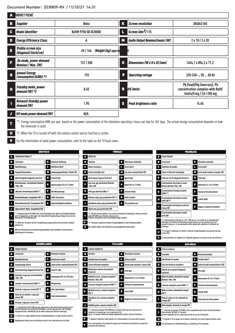 Page 1 de la notice Brochure Beko B65M 9750 5B
