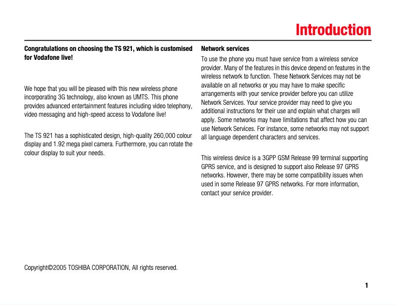 Page 1 de la notice Manuel utilisateur Toshiba TS921