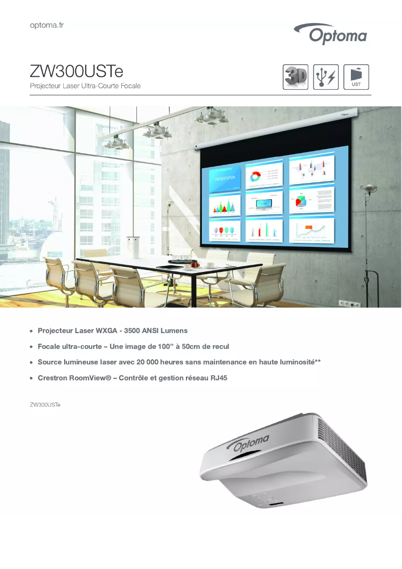 Page 1 de la notice Fiche technique Optoma ZW300USTe