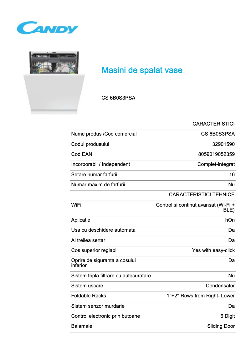 Page 1 de la notice Fiche technique Candy CS 6B0S3PSA