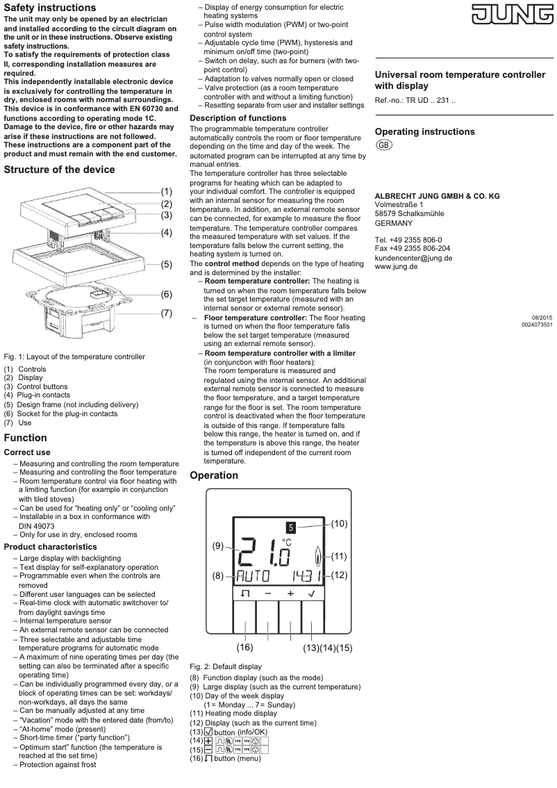 Page n°1 - Manuel utilisateur JUNG TRUDAL231