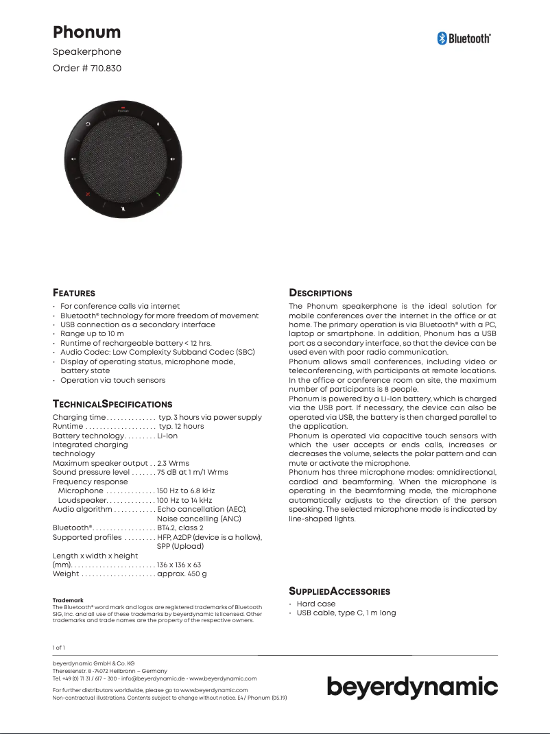 Page n°1 - Fiche technique Beyerdynamic Phonum