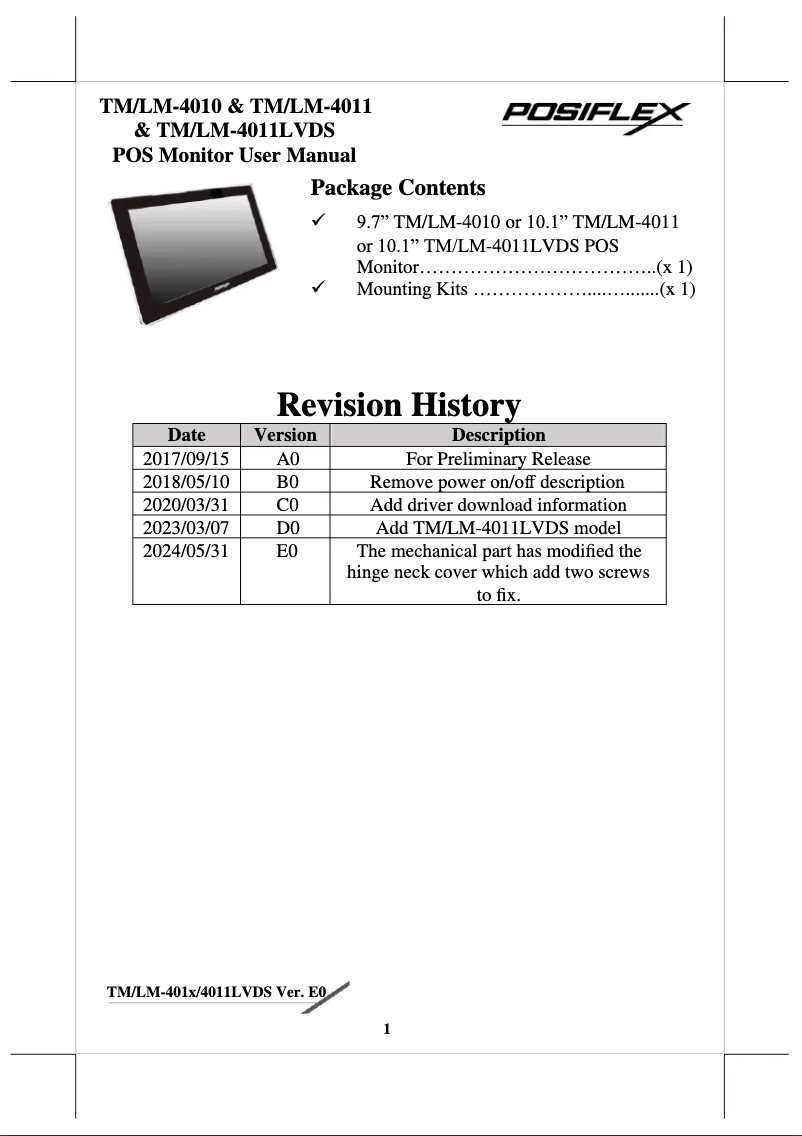 Page 1 of the manual User Manual Posiflex LM-4010