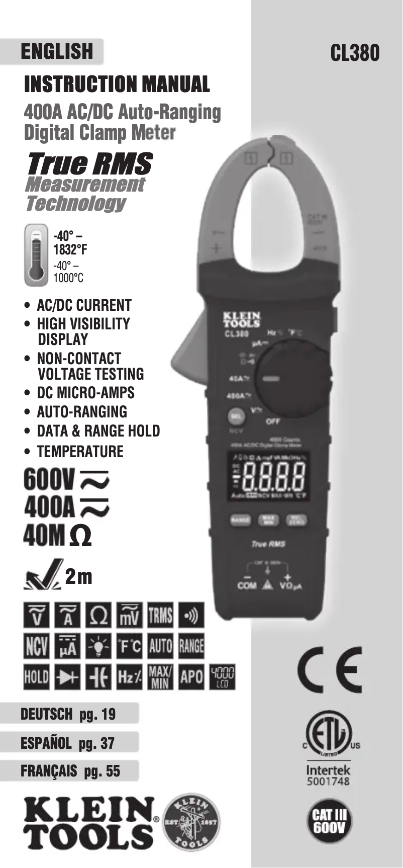 Page 1 de la notice Manuel utilisateur Klein Tools CL380