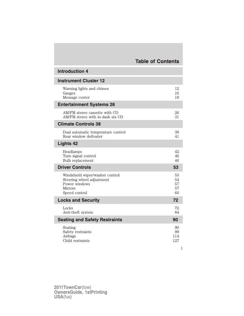 Image de la première page du manuel de l'appareil Town Car (2011)