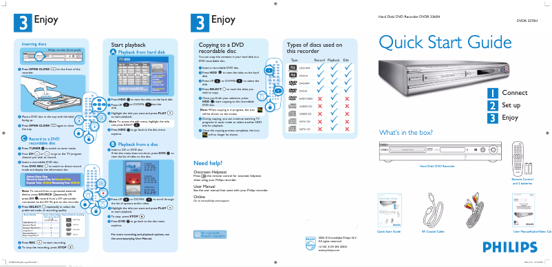 Page 1 de la notice Guide de démarrage rapide Philips DVDR3370H