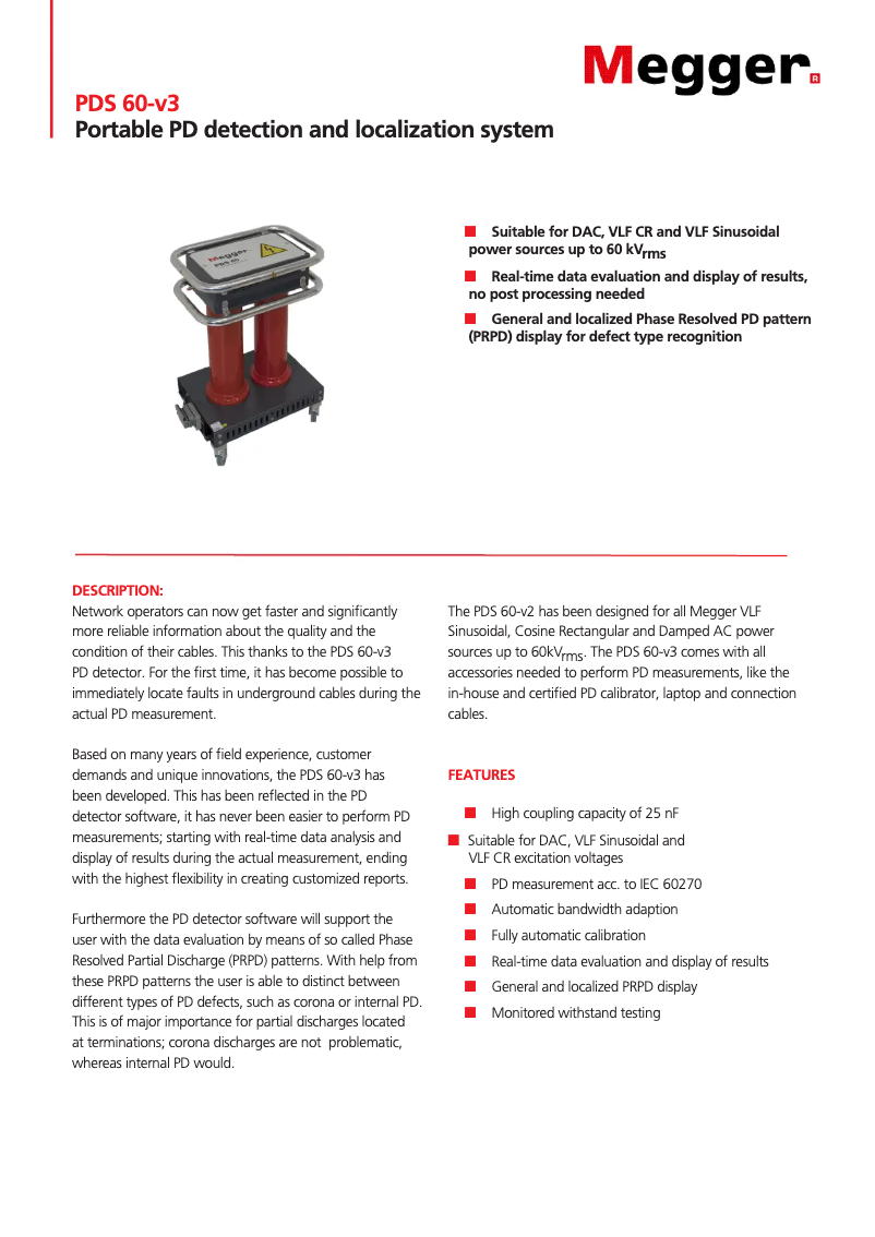 Page 1 de la notice Fiche technique Megger PDS 60