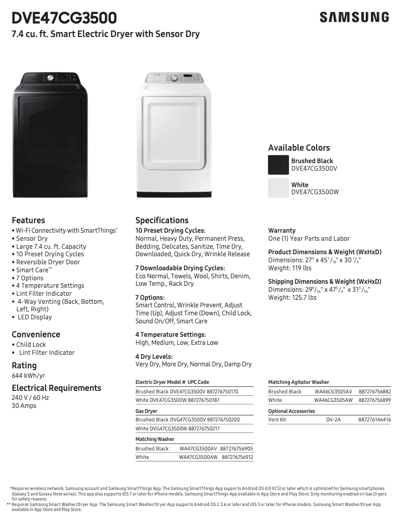 Page 1 de la notice Fiche technique Samsung DVE47CG3500V