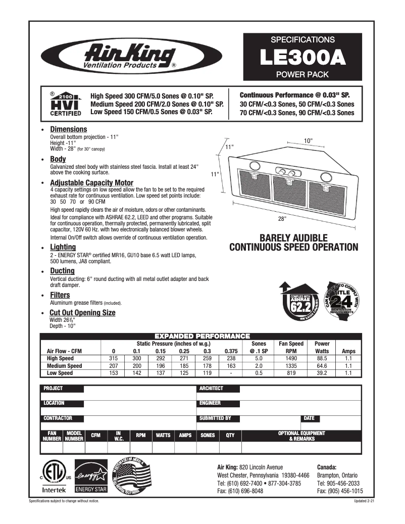 Page 1 de la notice Fiche technique Air King LE300A