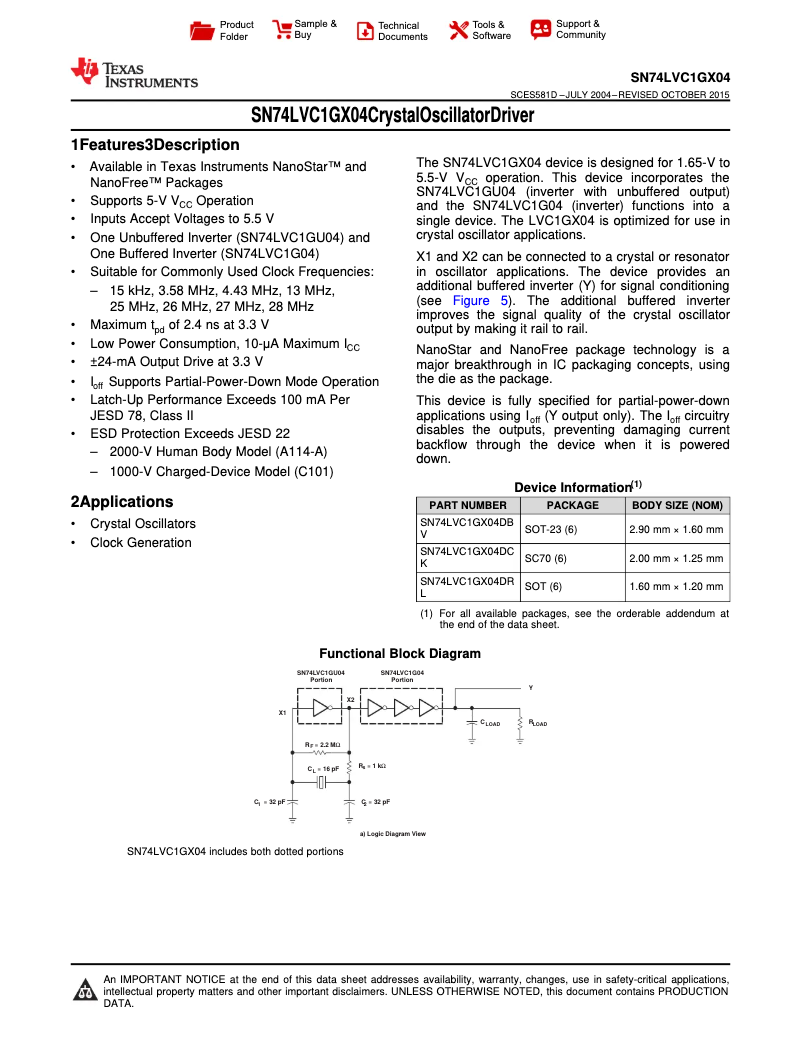 Page 1 de la notice Manuel utilisateur Texas Instruments SN74LVC1GX04DCKT