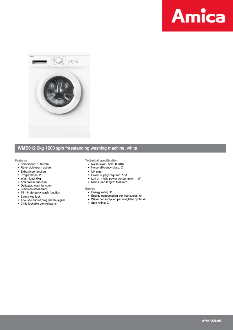Page 1 de la notice Fiche technique Amica WME612