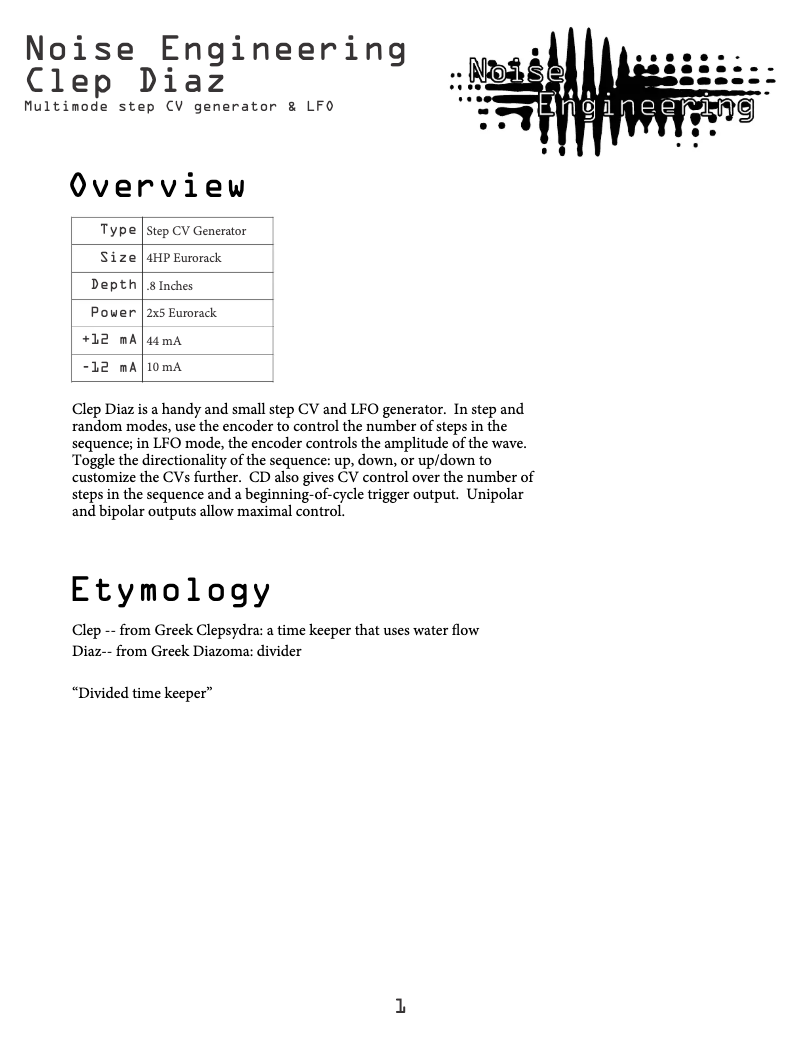Page 1 de la notice Manuel utilisateur Noise Engineering Clep Diaz