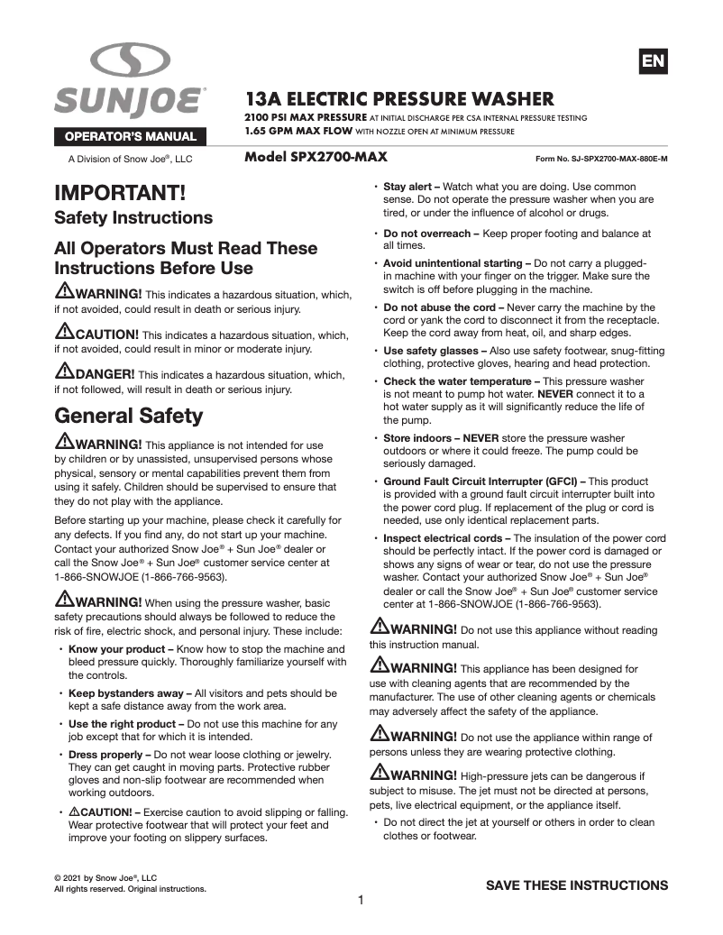 Page 1 de la notice Manuel utilisateur Sun Joe SPX2700-MAX