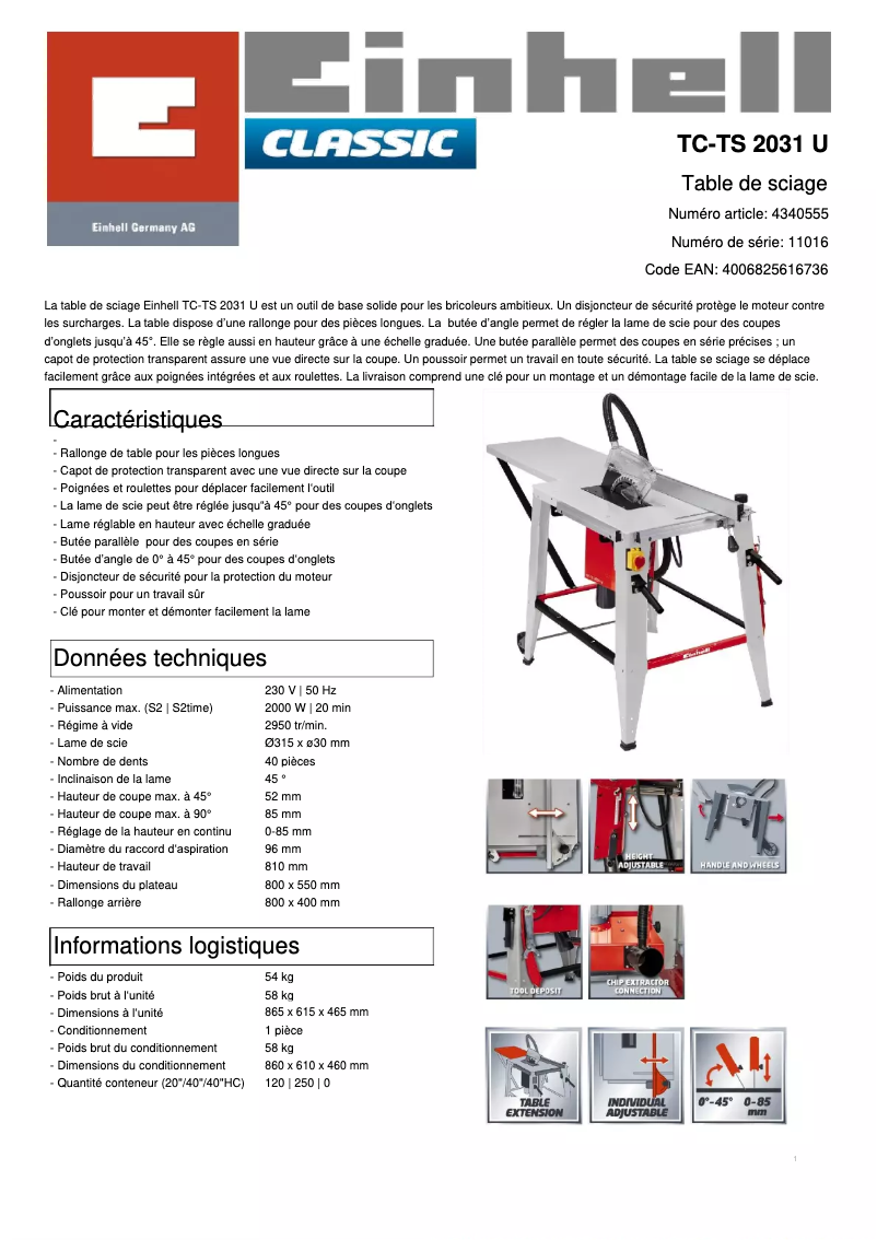 Page n°1 - Fiche technique Einhell TC-TS 2031 U