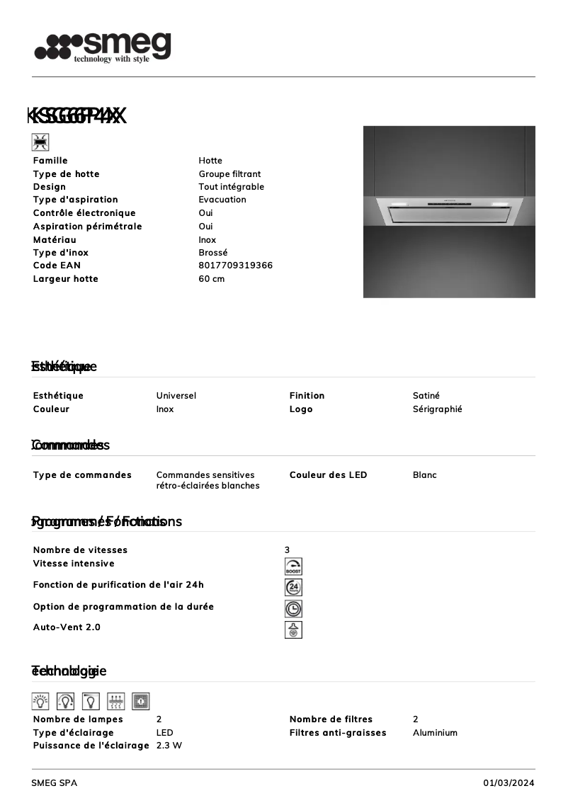 Página 1 del manual Ficha técnica Smeg KSG6P4X