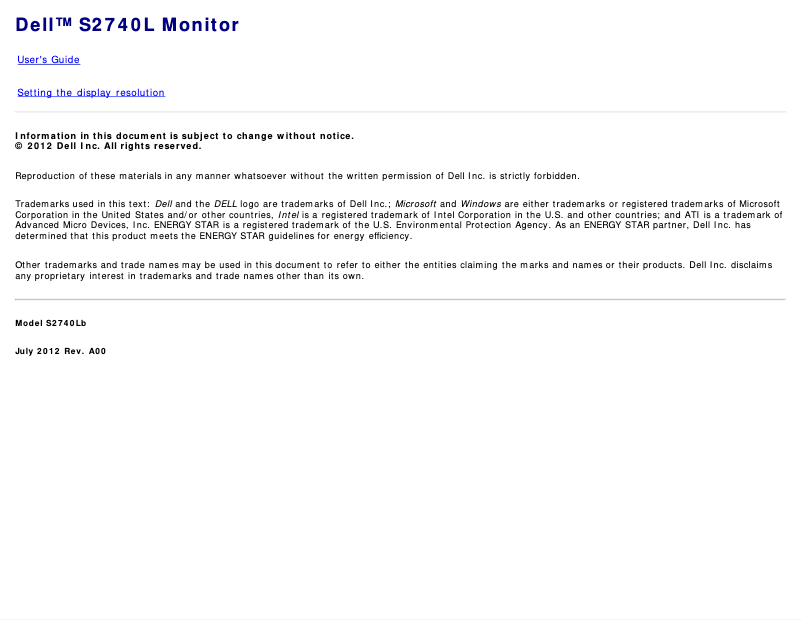 Page 1 de la notice Manuel utilisateur Dell S Series S2740L