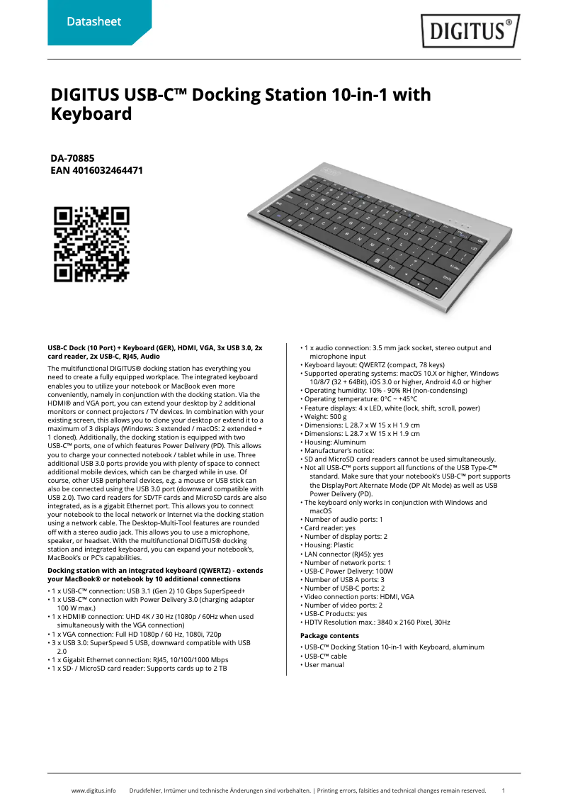 Page 1 de la notice Fiche technique Digitus DA-70885