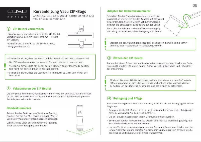Image de la première page du manuel de l'appareil Vacu ZIP-Adapter Set 1325