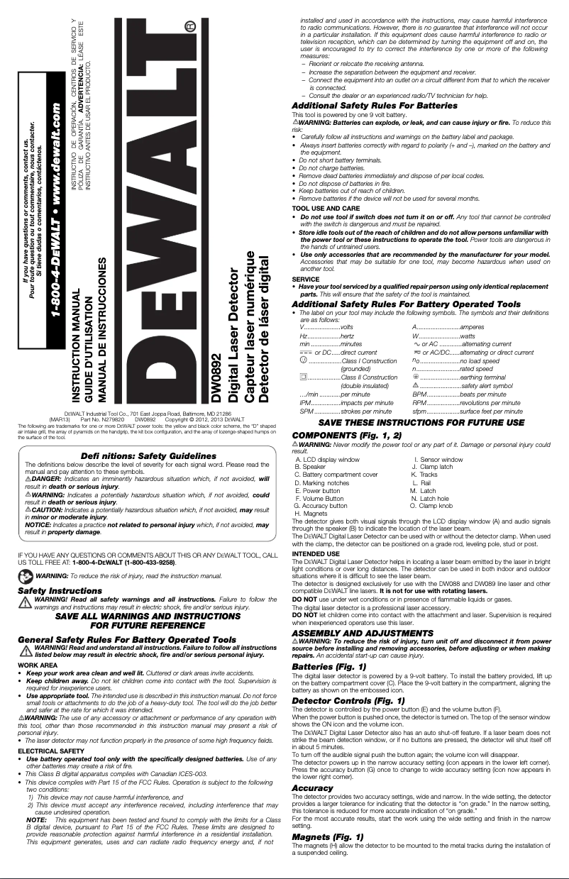 Page 1 de la notice Manuel utilisateur DeWalt DW0892