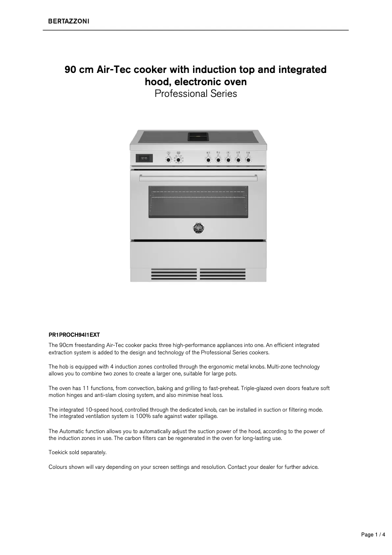 Page n°1 - Fiche technique Bertazzoni PR1PROCH94I1EXT