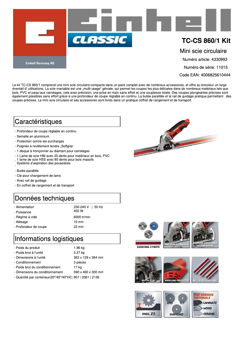Page 1 de la notice Fiche technique Einhell TC-CS 860/1 Kit