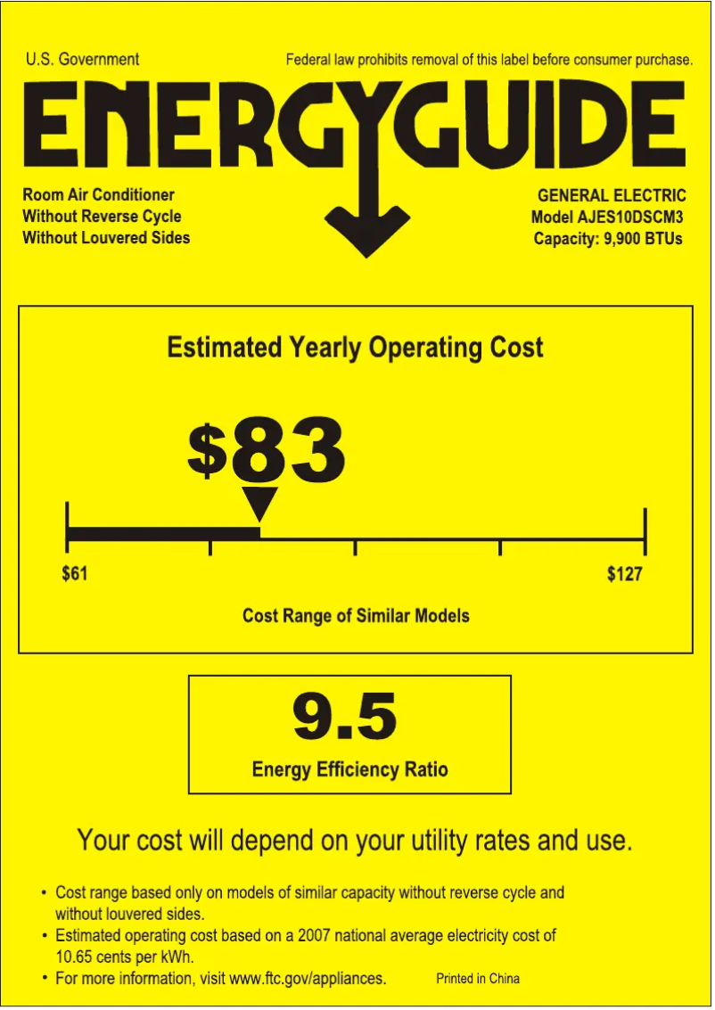 Page 1 de la notice Label énergétique GE AJES10DSC