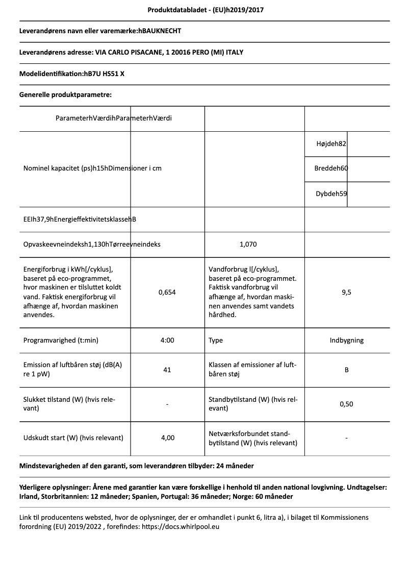 Page 1 de la notice Fiche technique Bauknecht B7U HS51 X