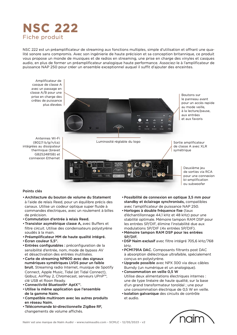 Page 1 de la notice Fiche technique Naim NSC 222