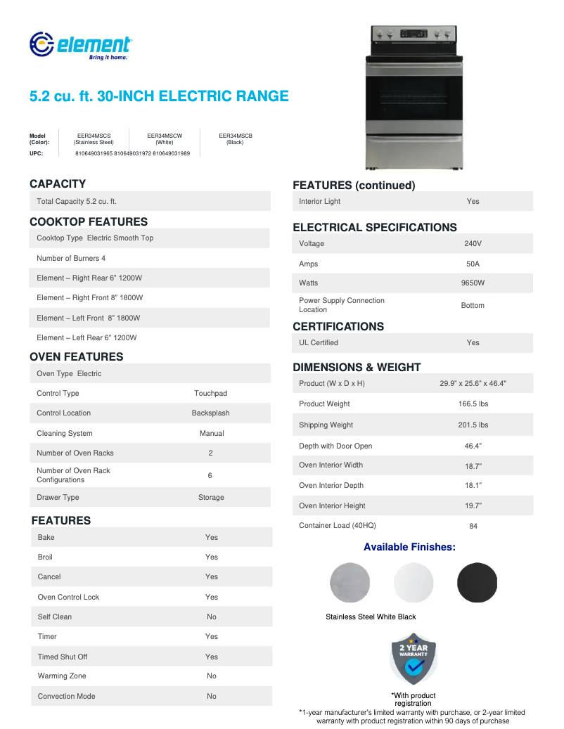 Page 1 de la notice Fiche technique Element EER34MSCS